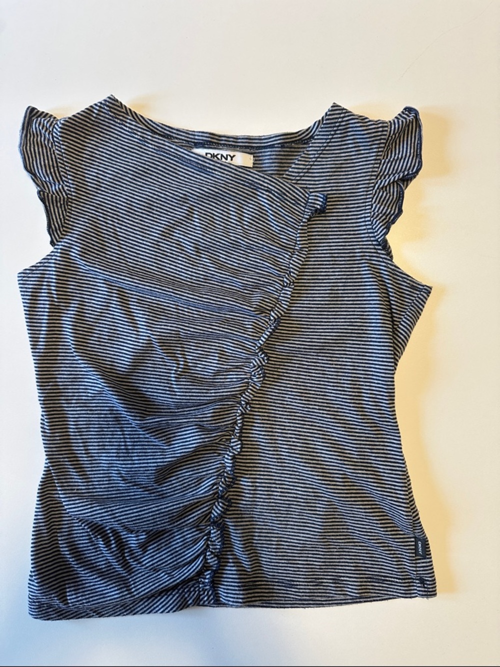 DKNY Navy and White Striped Ruffle Sleeve Tee